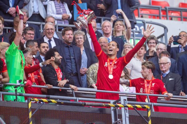 LONDON, ENGLAND - Saturday, May 14, 2022: Liverpool's Virgil van Dijk lifts the trophy after the FA Cup Final between Chelsea FC and Liverpool FC at Wembley Stadium. The game ended in a goal-less draw, Liverpool won 6-5 on penalties. (Pic by David Rawcliffe/Propaganda)