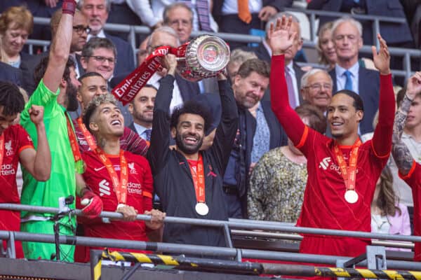 LONDON, ENGLAND - Saturday, May 14, 2022: Liverpool's Mohamed Salah lifts the trophy after the FA Cup Final between Chelsea FC and Liverpool FC at Wembley Stadium. The game ended in a goal-less draw, Liverpool won 6-5 on penalties. (Pic by David Rawcliffe/Propaganda)