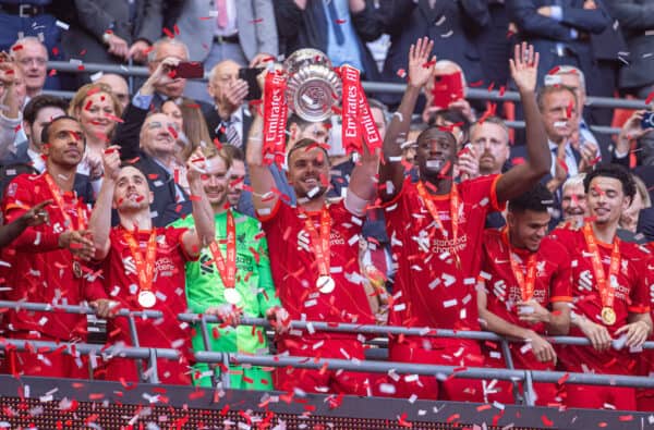 LONDON, ENGLAND - Saturday, May 14, 2022: Liverpool's captain Jordan Henderson lifts the trophy after the FA Cup Final between Chelsea FC and Liverpool FC at Wembley Stadium. The game ended in a goal-less draw, Liverpool won 6-5 on penalties. (Pic by David Rawcliffe/Propaganda)