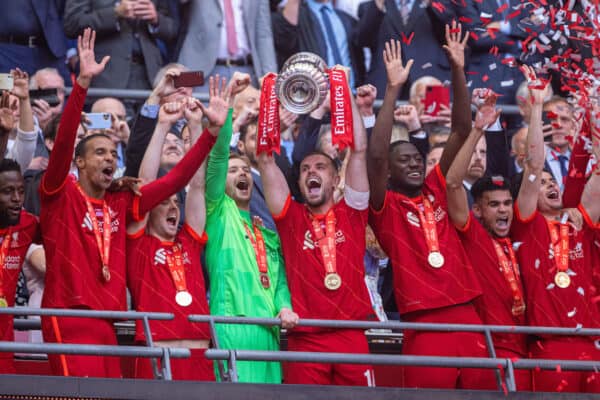 LONDON, ENGLAND - Saturday, May 14, 2022: Liverpool's captain Jordan Henderson lifts the trophy after the FA Cup Final between Chelsea FC and Liverpool FC at Wembley Stadium. The game ended in a goal-less draw, Liverpool won 6-5 on penalties. (Pic by David Rawcliffe/Propaganda)