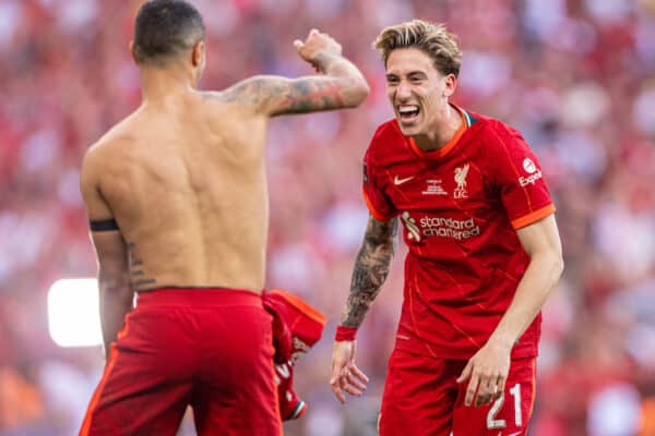 LONDON, ENGLAND - Saturday, May 14, 2022: Liverpool's Kostas Tsimikas (R) celebrates with Thiago Alcântara after the FA Cup Final between Chelsea FC and Liverpool FC at Wembley Stadium. The game ended in a goal-less draw, Liverpool won 6-5 on penalties. (Pic by David Rawcliffe/Propaganda)