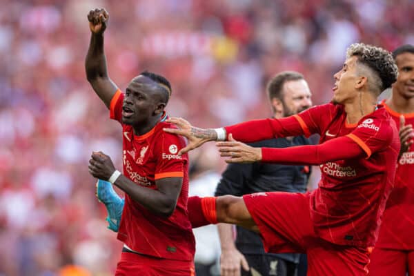 LONDON, ENGLAND - Saturday, May 14, 2022: Liverpool's Sadio Mané (L) celebrates with Roberto Firmino (R) after the FA Cup Final between Chelsea FC and Liverpool FC at Wembley Stadium. The game ended in a goal-less draw, Liverpool won 6-5 on penalties. (Pic by David Rawcliffe/Propaganda)