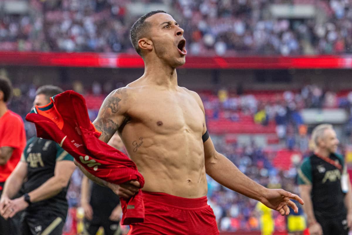 LONDON, ENGLAND - Saturday, May 14, 2022: Liverpool's Thiago Alcântara celebrates after the FA Cup Final between Chelsea FC and Liverpool FC at Wembley Stadium. The game ended in a goal-less draw, Liverpool won 6-5 on penalties. (Pic by David Rawcliffe/Propaganda)