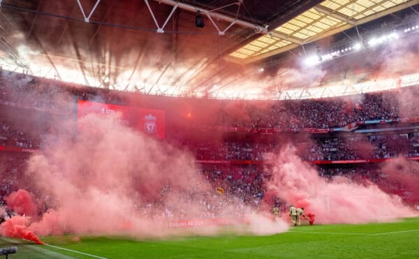 LONDON, ENGLAND - Saturday, May 14, 2022: Liverpool supporters celebrate after the FA Cup Final between Chelsea FC and Liverpool FC at Wembley Stadium. The game ended in a goal-less draw, Liverpool won 6-5 on penalties. (Pic by David Rawcliffe/Propaganda)