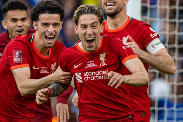 LONDON, ENGLAND - Saturday, May 14, 2022: Liverpool's Kostas Tsimikas (2nd from R) celebrates after scoring the decisive goal in the penalty shoot-out during the FA Cup Final between Chelsea FC and Liverpool FC at Wembley Stadium. The game ended in a goal-less draw, Liverpool won 6-5 on penalties. (Pic by David Rawcliffe/Propaganda)