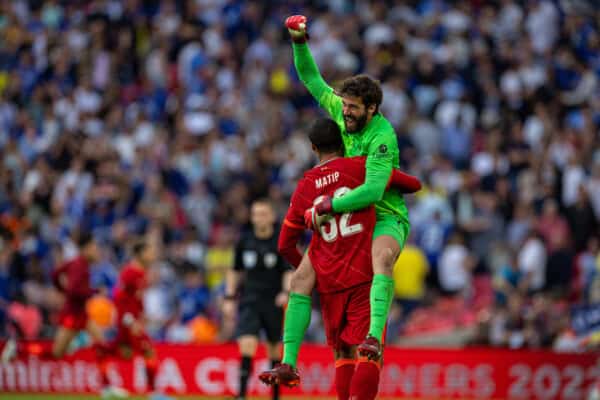 LONDON, ENGLAND - Saturday, May 14, 2022: Liverpool's goalkeeper Alisson Becker (R) celebrates with team-mate Joel Matip after the penalty shoot-out during the FA Cup Final between Chelsea FC and Liverpool FC at Wembley Stadium. The game ended in a goal-less draw, Liverpool won 6-5 on penalties. (Pic by David Rawcliffe/Propaganda)