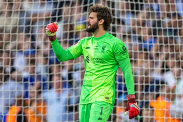 LONDON, ENGLAND - Saturday, May 14, 2022: Liverpool's goalkeeper Alisson Becker celebrates after Chelsea's captain César Azpilicueta hits the post and misses his side's second penalty of the shoot-out during the FA Cup Final between Chelsea FC and Liverpool FC at Wembley Stadium. The game ended in a goal-less draw, Liverpool won 6-5 on penalties. (Pic by David Rawcliffe/Propaganda)