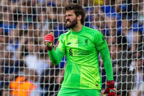 LONDON, ENGLAND - Saturday, May 14, 2022: Liverpool's goalkeeper Alisson Becker celebrates after Chelsea's captain César Azpilicueta hits the post and misses his side's second penalty of the shoot-out during the FA Cup Final between Chelsea FC and Liverpool FC at Wembley Stadium. The game ended in a goal-less draw, Liverpool won 6-5 on penalties. (Pic by David Rawcliffe/Propaganda)