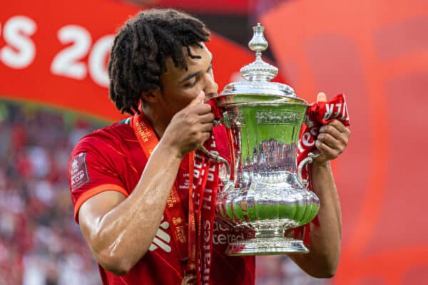 LONDON, ENGLAND - Saturday, May 14, 2022: Liverpool's Trent Alexander-Arnold kisses the trophy after the FA Cup Final between Chelsea FC and Liverpool FC at Wembley Stadium. The game ended in a goal-less draw, Liverpool won 6-5 on penalties. (Pic by David Rawcliffe/Propaganda)