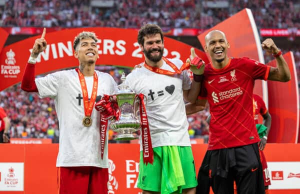 LONDON, ENGLAND - Saturday, May 14, 2022: Liverpool's (L-R) Roberto Firmino, goalkeeper Alisson Becker and Fabio Henrique Tavares 'Fabinho' celebrate with the trophy after the FA Cup Final between Chelsea FC and Liverpool FC at Wembley Stadium. The game ended in a goal-less draw, Liverpool won 6-5 on penalties. (Pic by David Rawcliffe/Propaganda)