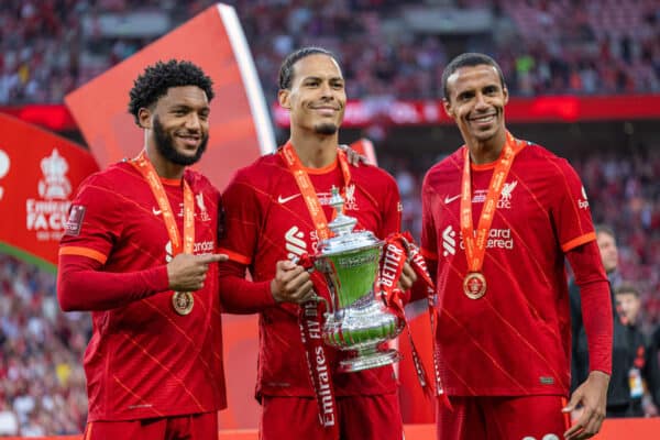 LONDON, ENGLAND - Saturday, May 14, 2022: Liverpool's (L-R) Joe Gomez, Virgil van Dijk and Joel Matip celebrates with the trophy after the FA Cup Final between Chelsea FC and Liverpool FC at Wembley Stadium. The game ended in a goal-less draw, Liverpool won 6-5 on penalties. (Pic by David Rawcliffe/Propaganda)