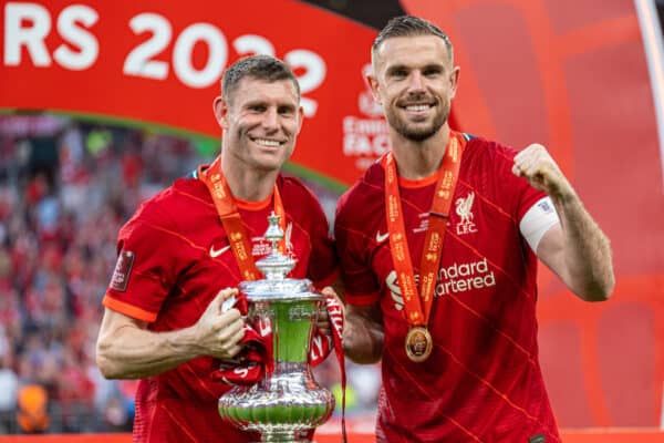 LONDON, ENGLAND - Saturday, May 14, 2022: Liverpool's James Milner (L) and captain Jordan Henderson (R) celebrate with the trophy after the FA Cup Final between Chelsea FC and Liverpool FC at Wembley Stadium. The game ended in a goal-less draw, Liverpool won 6-5 on penalties. (Pic by David Rawcliffe/Propaganda)