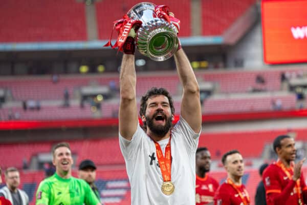 LONDON, ENGLAND - Saturday, May 14, 2022: Liverpool's goalkeeper Alisson Becker celebrates with the trophy after the FA Cup Final between Chelsea FC and Liverpool FC at Wembley Stadium. The game ended in a goal-less draw, Liverpool won 6-5 on penalties. (Pic by David Rawcliffe/Propaganda)