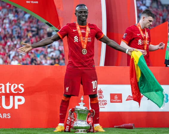 LONDON, ENGLAND - Saturday, May 14, 2022: Liverpool's Sadio Mané celebrates with the trophy after the FA Cup Final between Chelsea FC and Liverpool FC at Wembley Stadium. The game ended in a goal-less draw, Liverpool won 6-5 on penalties. (Pic by David Rawcliffe/Propaganda)