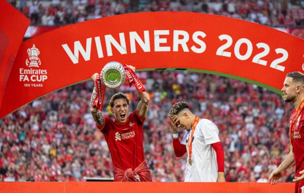 LONDON, ENGLAND - Saturday, May 14, 2022: Liverpool's Kostas Tsimikas celebrates with the trophy after the FA Cup Final between Chelsea FC and Liverpool FC at Wembley Stadium. The game ended in a goal-less draw, Liverpool won 6-5 on penalties. (Pic by David Rawcliffe/Propaganda)