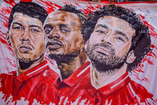 LONDON, ENGLAND - Saturday, May 14, 2022: Liverpool supporters' banner featuring Roberto Firmino, Sadio Mané and Mohamed Salah during the FA Cup Final between Chelsea FC and Liverpool FC at Wembley Stadium. (Pic by David Rawcliffe/Propaganda)