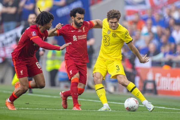 LONDON, ENGLAND - Saturday, May 14, 2022: Chelsea's Marcos Alonso (R) and Liverpool's Mohamed Salah during the FA Cup Final between Chelsea FC and Liverpool FC at Wembley Stadium. (Pic by David Rawcliffe/Propaganda)