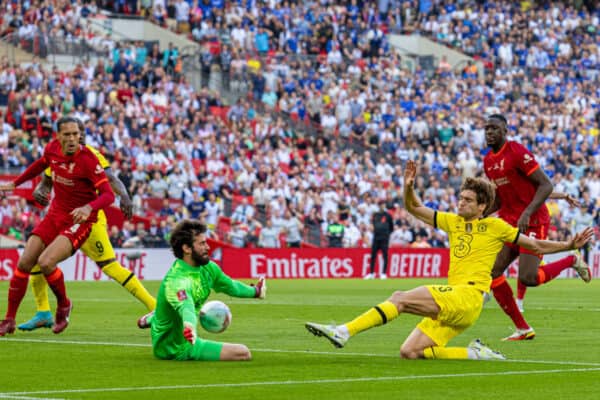 LONDON, ENGLAND - Saturday, May 14, 2022: Liverpool's goalkeeper Alisson Becker makes a save from Chelsea's Marcos Alonso during the FA Cup Final between Chelsea FC and Liverpool FC at Wembley Stadium. (Pic by David Rawcliffe/Propaganda)