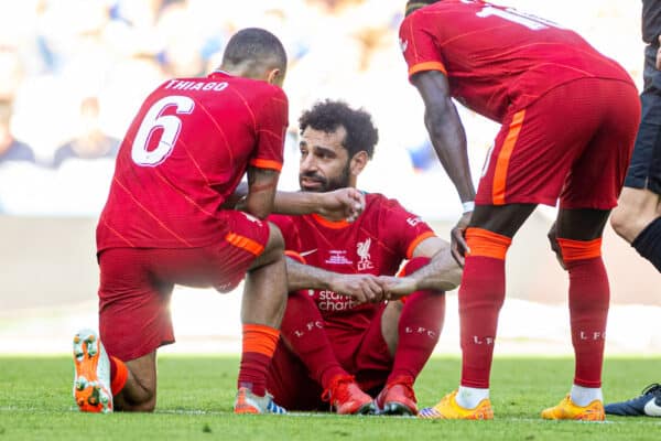 LONDON, ENGLAND - Saturday, May 14, 2022: Liverpool's Mohamed Salah is goes down with an injury during the FA Cup Final between Chelsea FC and Liverpool FC at Wembley Stadium. (Pic by David Rawcliffe/Propaganda)