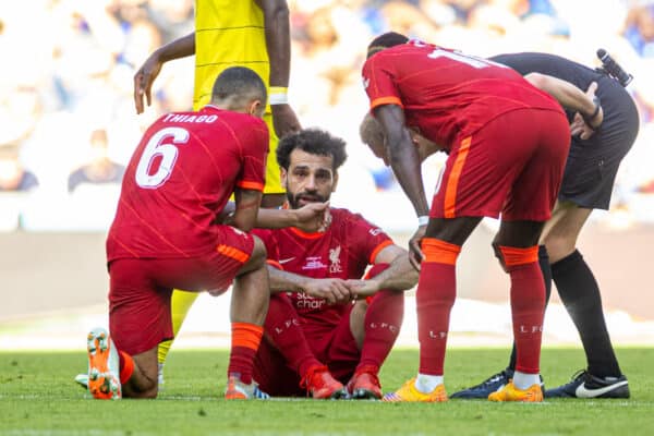 LONDON, ENGLAND - Saturday, May 14, 2022: Liverpool's Mohamed Salah is goes down with an injury during the FA Cup Final between Chelsea FC and Liverpool FC at Wembley Stadium. (Pic by David Rawcliffe/Propaganda)