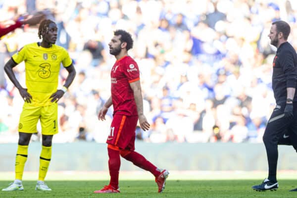 LONDON, ENGLAND - Saturday, May 14, 2022: Liverpool's Mohamed Salah goes off with an injury during the FA Cup Final between Chelsea FC and Liverpool FC at Wembley Stadium. (Pic by David Rawcliffe/Propaganda)