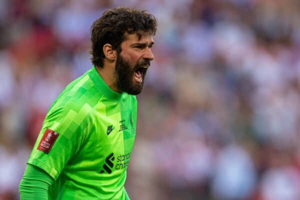 LONDON, ENGLAND - Saturday, May 14, 2022: Liverpool's goalkeeper Alisson Becker during the FA Cup Final between Chelsea FC and Liverpool FC at Wembley Stadium. (Pic by David Rawcliffe/Propaganda)