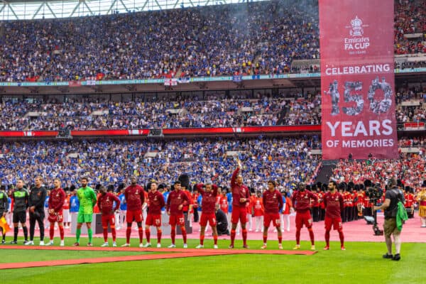 LONDON, ENGLAND - Saturday, May 14, 2022: Liverpool players line-up before the FA Cup Final between Chelsea FC and Liverpool FC at Wembley Stadium. (Pic by David Rawcliffe/Propaganda)