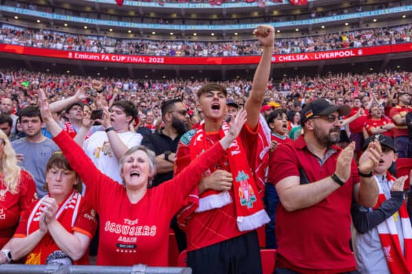 LONDON, ENGLAND - Saturday, May 14, 2022: Liverpool supporters during the FA Cup Final between Chelsea FC and Liverpool FC at Wembley Stadium. (Pic by David Rawcliffe/Propaganda)