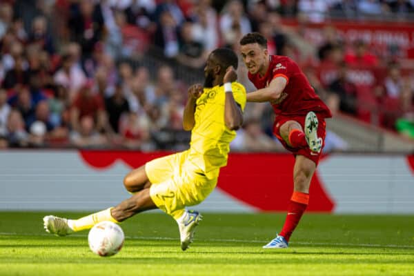 LONDON, ENGLAND - Saturday, May 14, 2022: Liverpool's Diogo Jota shoots during the FA Cup Final between Chelsea FC and Liverpool FC at Wembley Stadium. (Pic by David Rawcliffe/Propaganda)