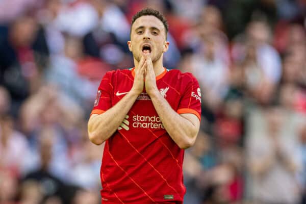 LONDON, ENGLAND - Saturday, May 14, 2022: Liverpool's Diogo Jota looks dejected after missing a chance during the FA Cup Final between Chelsea FC and Liverpool FC at Wembley Stadium. (Pic by David Rawcliffe/Propaganda)