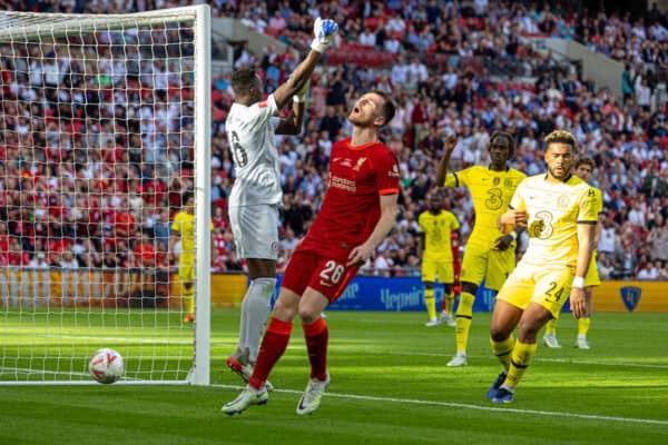 LONDON, ENGLAND - Saturday, May 14, 2022: Liverpool's Andy Robertson rues a missed chance during the FA Cup Final between Chelsea FC and Liverpool FC at Wembley Stadium. (Pic by David Rawcliffe/Propaganda)