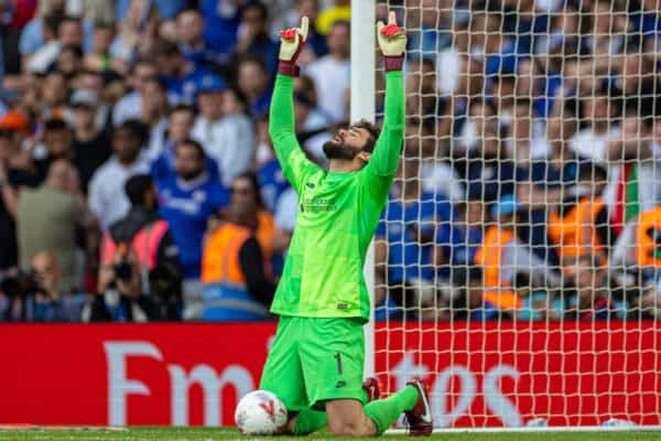 LONDON, ENGLAND - Saturday, May 14, 2022: Liverpool's goalkeeper Alisson Becker celebrates after making a save in the penalty shoot-out during the FA Cup Final between Chelsea FC and Liverpool FC at Wembley Stadium. The game ended in a goal-less draw, Liverpool won 6-5 on penalties. (Pic by David Rawcliffe/Propaganda)