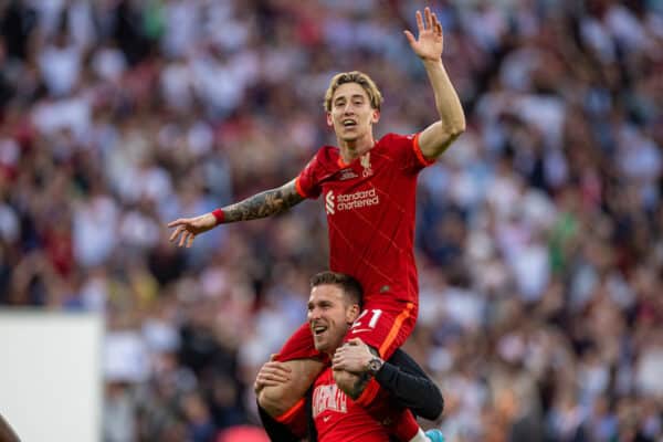 LONDON, ENGLAND - Saturday, May 14, 2022: Liverpool's Kostas Tsimikas celebrates after scoring the decisive goal in the penalty shoot-out during the FA Cup Final between Chelsea FC and Liverpool FC at Wembley Stadium. The game ended in a goal-less draw, Liverpool won 6-5 on penalties. (Pic by David Rawcliffe/Propaganda)