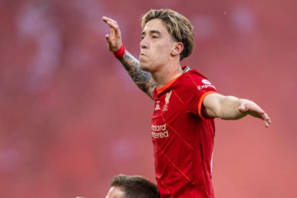 LONDON, ENGLAND - Saturday, May 14, 2022: Liverpool's Kostas Tsimikas celebrates after scoring the decisive goal in the penalty shoot-out during the FA Cup Final between Chelsea FC and Liverpool FC at Wembley Stadium. The game ended in a goal-less draw, Liverpool won 6-5 on penalties. (Pic by David Rawcliffe/Propaganda)