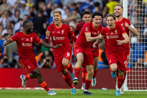 LONDON, ENGLAND - Saturday, May 14, 2022: Liverpool's Kostas Tsimikas celebrates after scoring the decisive goal in the penalty shoot-out during the FA Cup Final between Chelsea FC and Liverpool FC at Wembley Stadium. The game ended in a goal-less draw, Liverpool won 6-5 on penalties. (Pic by David Rawcliffe/Propaganda)