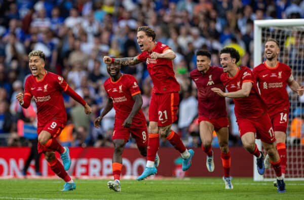 LONDON, ENGLAND - Saturday, May 14, 2022: Liverpool's Kostas Tsimikas celebrates after scoring the decisive goal in the penalty shoot-out during the FA Cup Final between Chelsea FC and Liverpool FC at Wembley Stadium. The game ended in a goal-less draw, Liverpool won 6-5 on penalties. (Pic by David Rawcliffe/Propaganda)