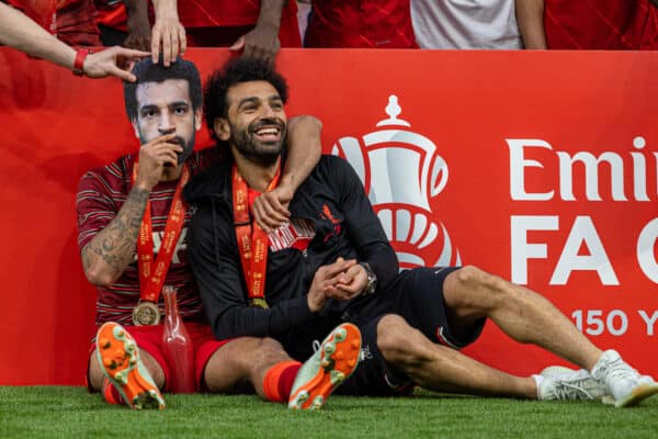 LONDON, ENGLAND - Saturday, May 14, 2022: Liverpool's Thiago Alcântara (L) and Mohamed Salah celebrate after the FA Cup Final between Chelsea FC and Liverpool FC at Wembley Stadium. The game ended in a goal-less draw, Liverpool won 6-5 on penalties. (Pic by David Rawcliffe/Propaganda)