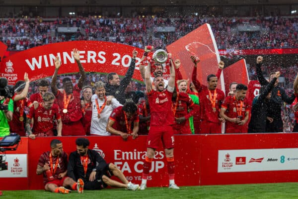 LONDON, ENGLAND - Saturday, May 14, 2022: Liverpool's captain Jordan Henderson celebrates after with the trophy the FA Cup Final between Chelsea FC and Liverpool FC at Wembley Stadium. The game ended in a goal-less draw, Liverpool won 6-5 on penalties. (Pic by David Rawcliffe/Propaganda)