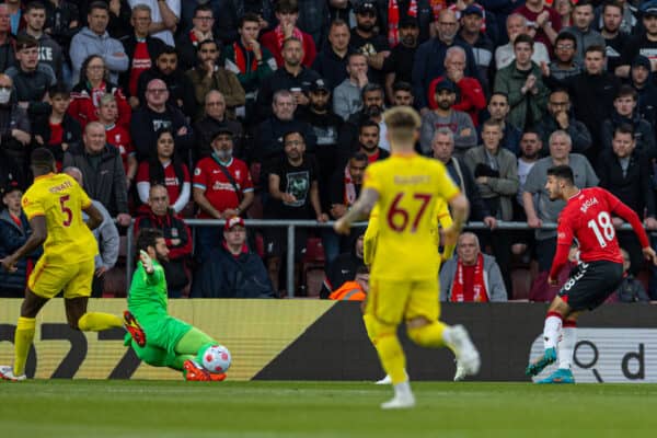 SOUTHAMPTON, ENGLAND - Tuesday, May 17, 2022: Liverpool's goalkeeper Alisson Becker makes a save from Southampton's Armando Broja during the FA Premier League match between Southampton FC and Liverpool FC at St Mary's Stadium. (Pic by David Rawcliffe/Propaganda)