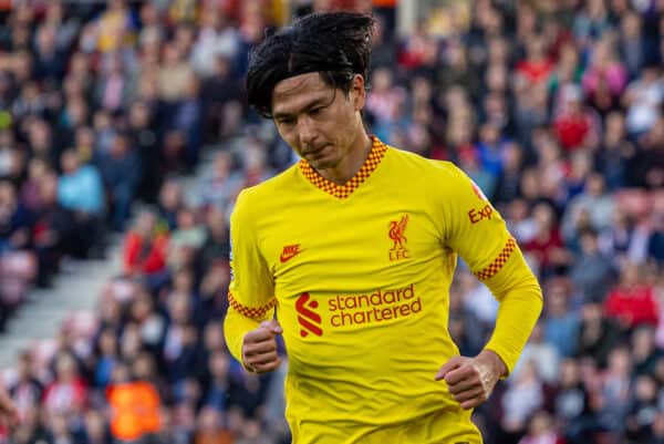 SOUTHAMPTON, ENGLAND - Tuesday, May 17, 2022: Liverpool's Takumi Minamino celebrates after scoring the first equalising goal during the FA Premier League match between Southampton FC and Liverpool FC at St Mary's Stadium. (Pic by David Rawcliffe/Propaganda)