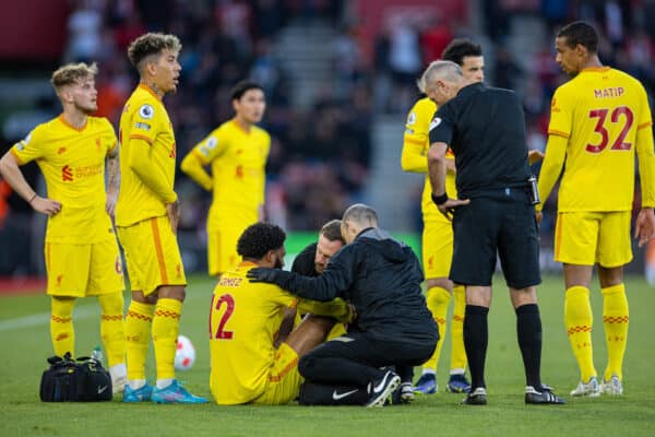 SOUTHAMPTON, ENGLAND - Tuesday, May 17, 2022: Liverpool's Joe Gomez is treated for an injury during the FA Premier League match between Southampton FC and Liverpool FC at St Mary's Stadium. (Pic by David Rawcliffe/Propaganda)