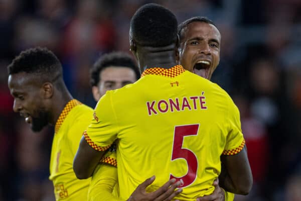 SOUTHAMPTON, ENGLAND - Tuesday, May 17, 2022: Liverpool's Joel Matip (R) celebrates with team-mate Ibrahima Konaté after scoring the second goal during the FA Premier League match between Southampton FC and Liverpool FC at St Mary's Stadium. (Pic by David Rawcliffe/Propaganda)