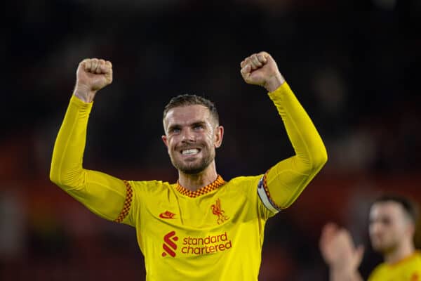 SOUTHAMPTON, ENGLAND - Tuesday, May 17, 2022: Liverpool's captain Jordan Henderson celebrates after the FA Premier League match between Southampton FC and Liverpool FC at St Mary's Stadium. Liverpool won 2-1. (Pic by David Rawcliffe/Propaganda)