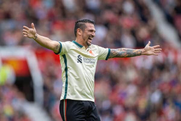 MANCHESTER, ENGLAND - Saturday, May 21, 2022: Liverpool's Mark Gonzalez celebrates after scoring the second goal during the MUFC Foundation friendly 'Legends of the North' match between Manchester United FC Legends and Liverpool FC Legends at Old Trafford. (Pic by David Rawcliffe/Propaganda)