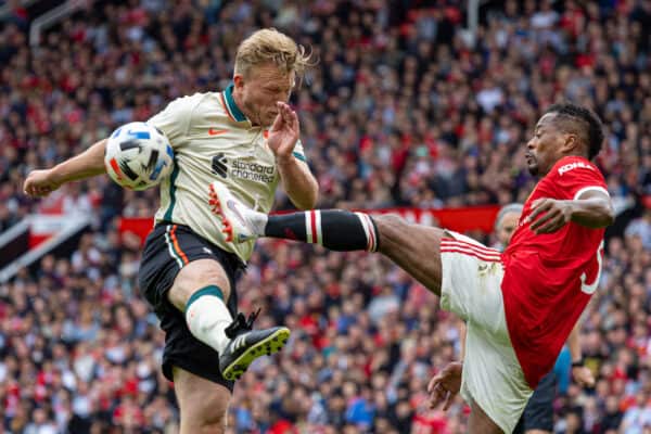 MANCHESTER, ENGLAND - Saturday, May 21, 2022: Liverpool's Dirk Kuyt (L) and Manchester United's Patrice Evra during the MUFC Foundation friendly 'Legends of the North' match between Manchester United FC Legends and Liverpool FC Legends at Old Trafford. (Pic by David Rawcliffe/Propaganda)