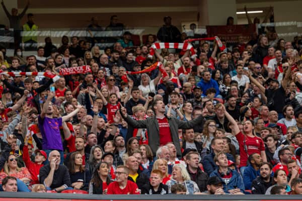 MANCHESTER, ENGLAND - Saturday, May 21, 2022: Liverpool supporters during the MUFC Foundation friendly 'Legends of the North' match between Manchester United FC Legends and Liverpool FC Legends at Old Trafford. (Pic by David Rawcliffe/Propaganda)