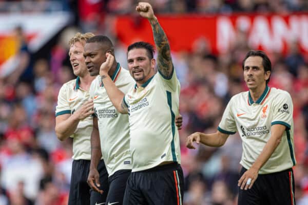 MANCHESTER, ENGLAND - Saturday, May 21, 2022: Liverpool's Mark Gonzalez celebrates after scoring the third goal during the MUFC Foundation friendly 'Legends of the North' match between Manchester United FC Legends and Liverpool FC Legends at Old Trafford. (Pic by David Rawcliffe/Propaganda)