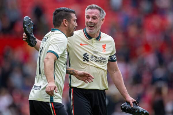 MANCHESTER, ENGLAND - Saturday, May 21, 2022: Liverpool's Jamie Carragher (R) and double goal-scorer Mark Gonzalez after the MUFC Foundation friendly 'Legends of the North' match between Manchester United FC Legends and Liverpool FC Legends at Old Trafford. (Pic by David Rawcliffe/Propaganda)