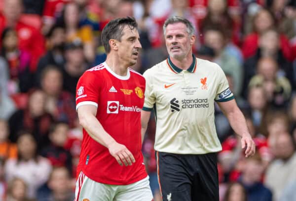 MANCHESTER, ENGLAND - Saturday, May 21, 2022: Liverpool's Jamie Carragher (R) and Manchester United's Gary Neville during the MUFC Foundation friendly 'Legends of the North' match between Manchester United FC Legends and Liverpool FC Legends at Old Trafford. (Pic by David Rawcliffe/Propaganda)