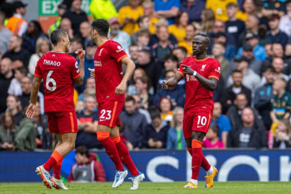 LIVERPOOL, ENGLAND - Sunday, May 22, 2022: Liverpool's Sadio Mané celebrates after scoring the first equalising goal during the FA Premier League match between Liverpool FC and Wolverhampton Wanderers FC at Anfield. (Pic by David Rawcliffe/Propaganda)